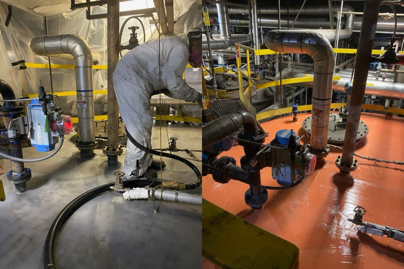 Two-panel photograph: a worker in coveralls and respirator working on stainless steel pipework on a tank roof under containment sheeting, and the same tank roof afterward coated bright orange around the same nozzles